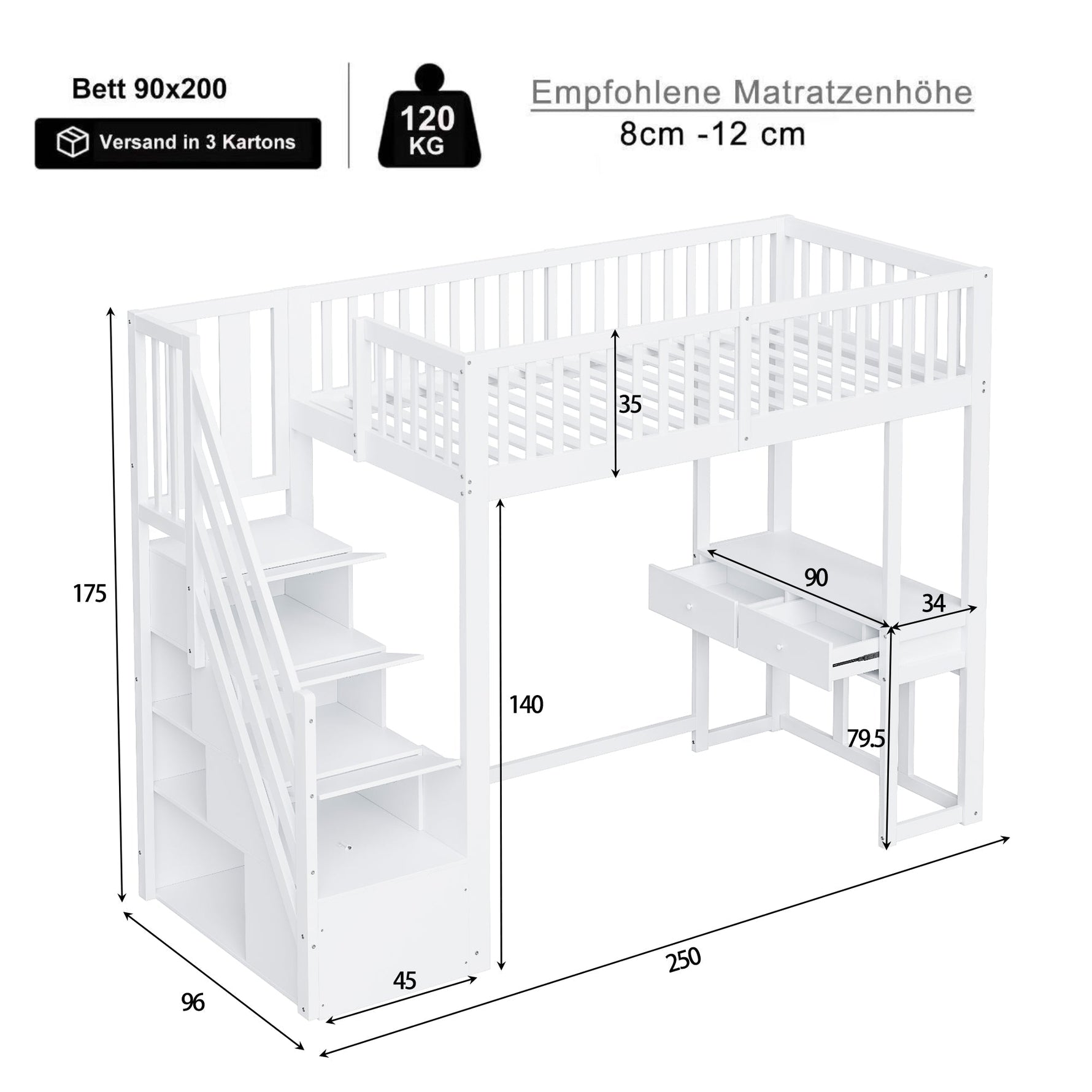 Loft Bed 90x200 Multifunctional Table Storage Stairs Pine Wood White