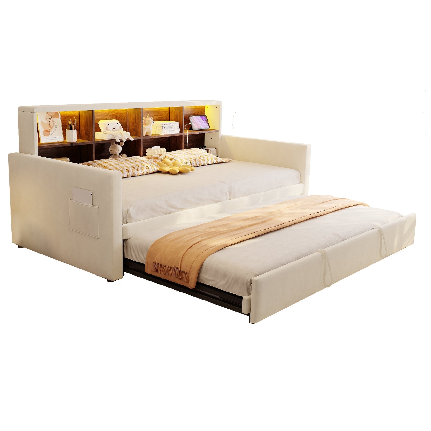 Upholstered Sofa Bed 90x190cm with Storage Headboard, LED and Charging Ports, Beige Velvet
