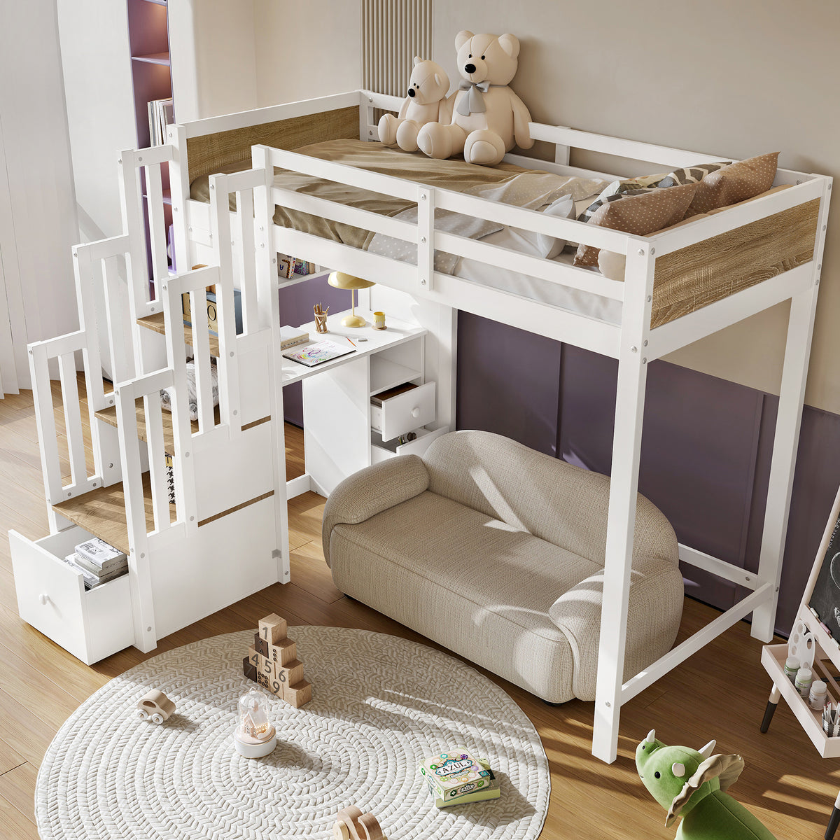 Wooden Mid-Sleeper Bed 90x200cm with Desk & Drawers, White & Natural