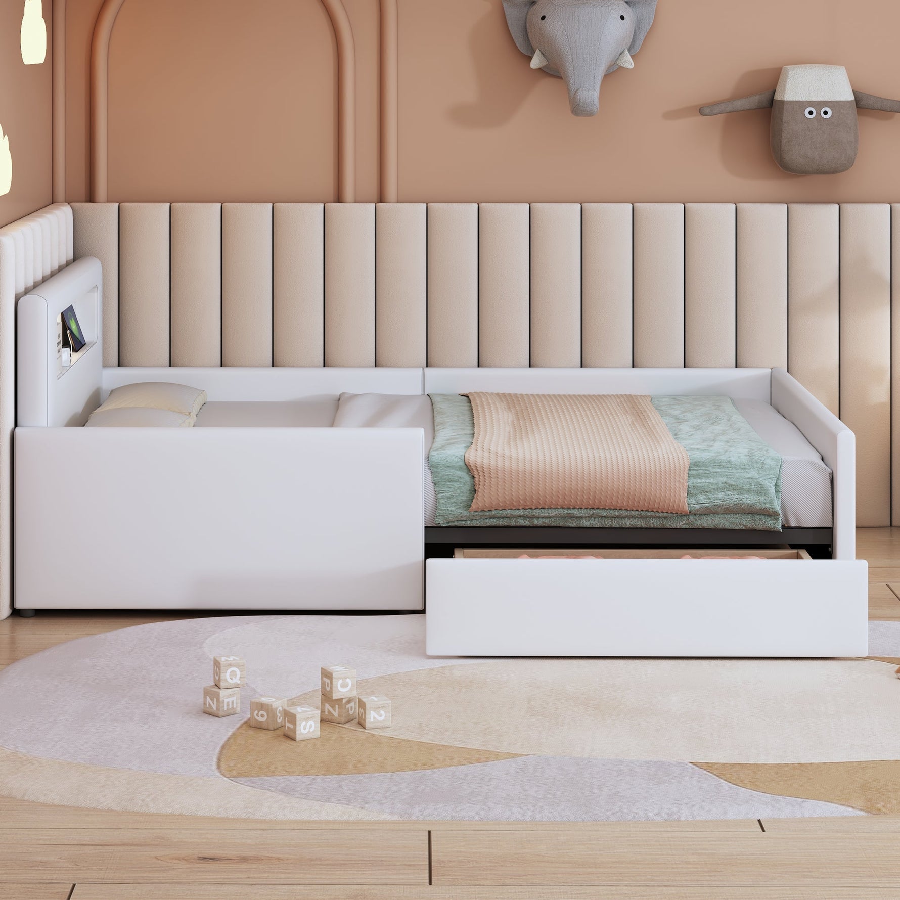 Upholstered Children's Bed 90x200cm Night Light USB Storage Faux Leather White