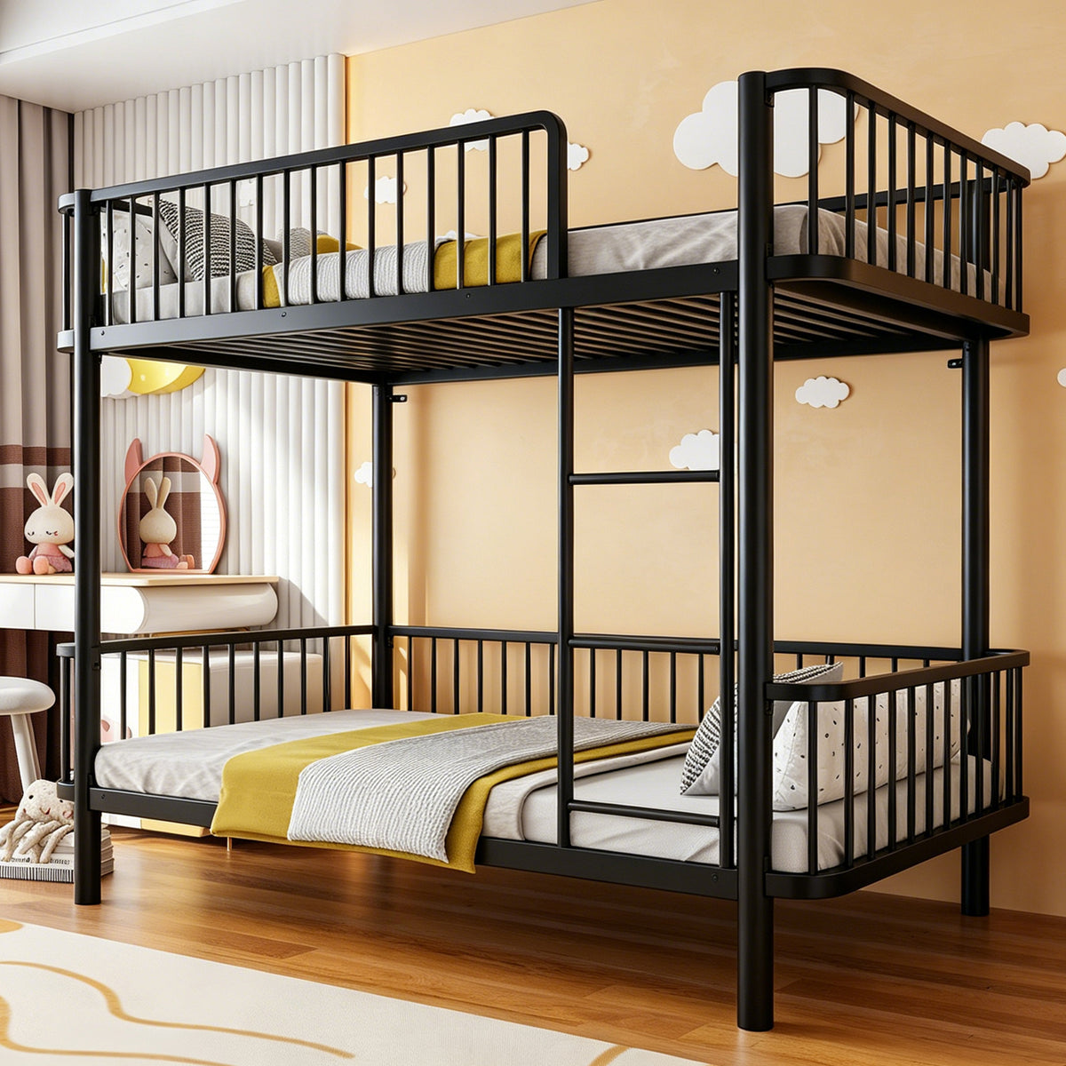 Metal Bunk Bed 90x200 Space-Saving Safety Railing, Black