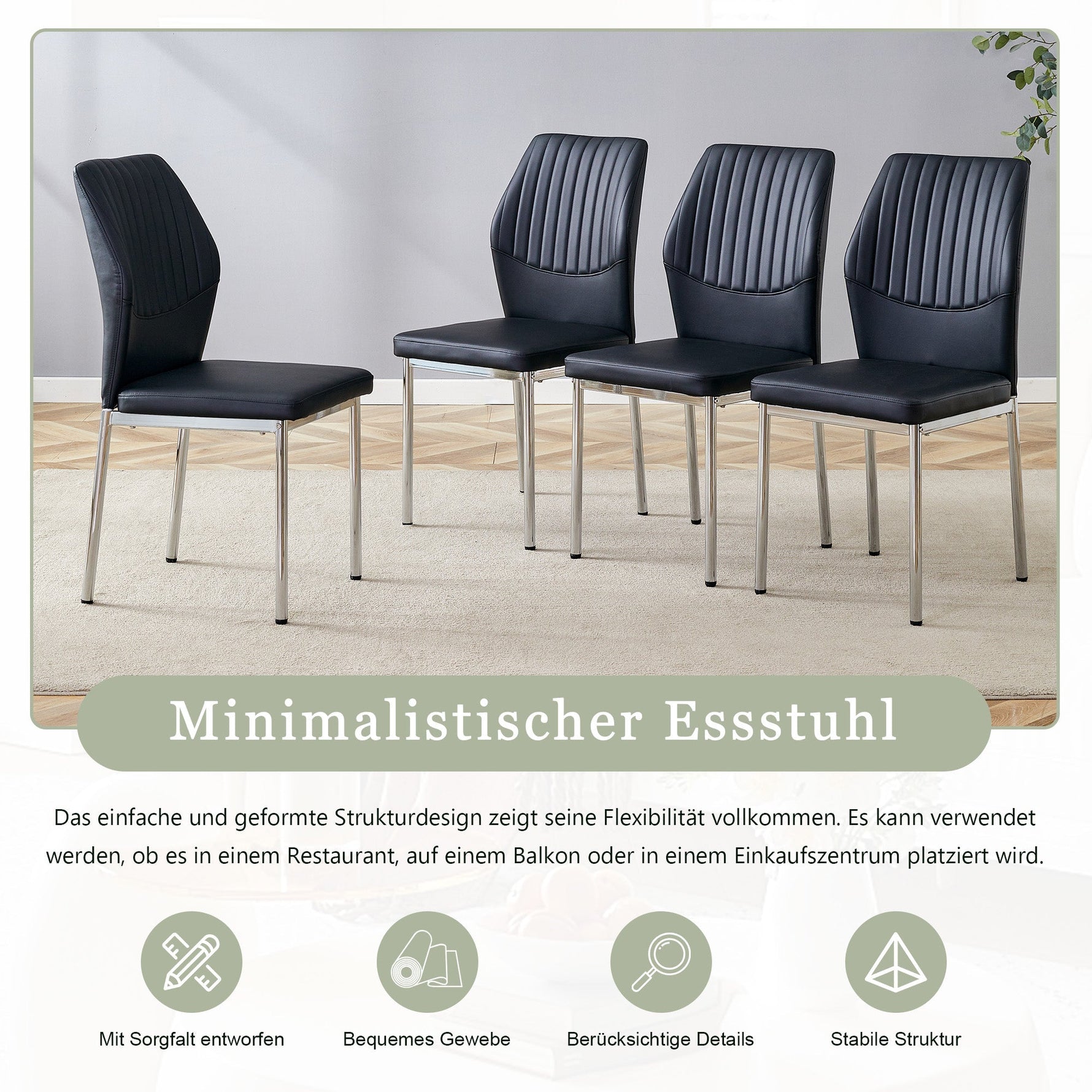 Set of 4 Stylish Dining Chairs with Vertical Embossing and Metal Legs, Black and Silver