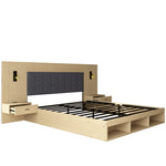 Double Bed with Storage, Charging Station, Reading Lamp and 2 Bedside Tables, 180x200cm, Light Oak Wood