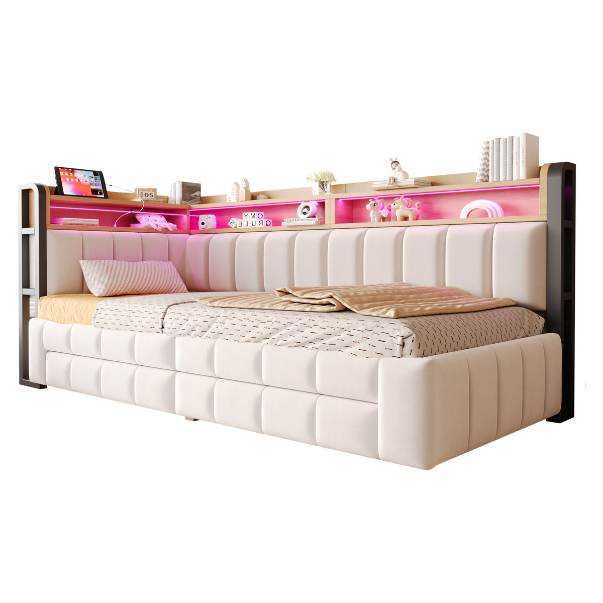 Upholstered Sofa Bed with Storage & LED Lighting, Beige Velvet