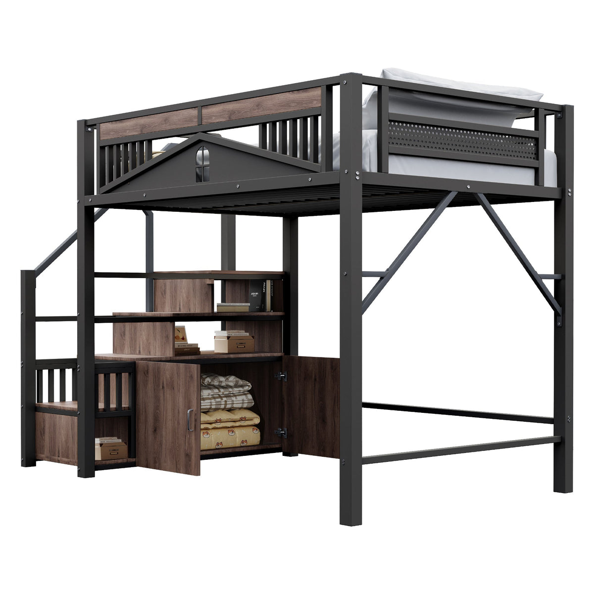Metal Loft Bed 140x200cm Safety Enclosure with Window Ladder Locker Black
