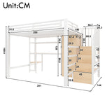 Metal Loft Bed with Desk, Shelf, Wardrobe and Storage Stairs, 140x200cm, White