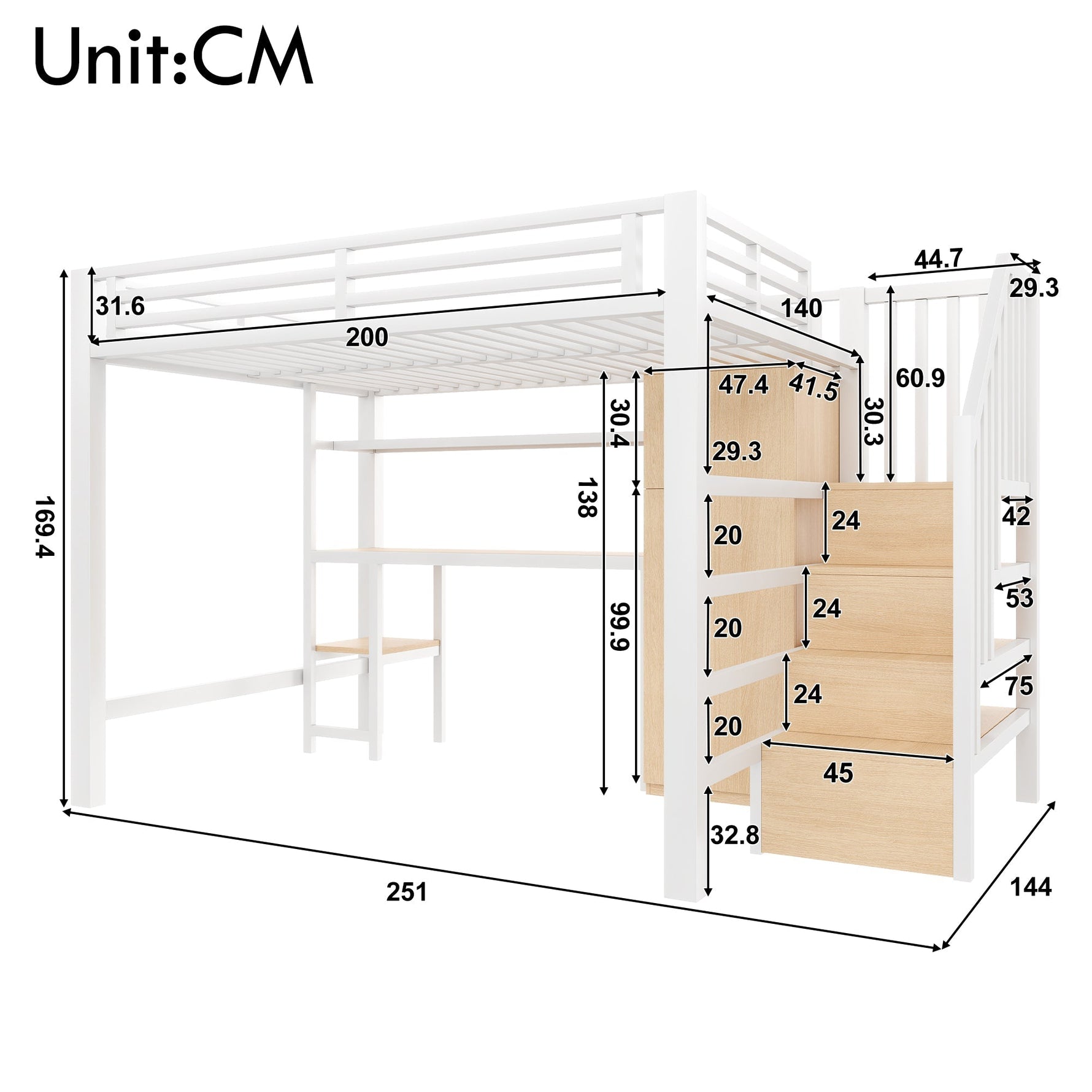 Metal Loft Bed with Desk, Shelf, Wardrobe and Storage Stairs, 140x200cm, White