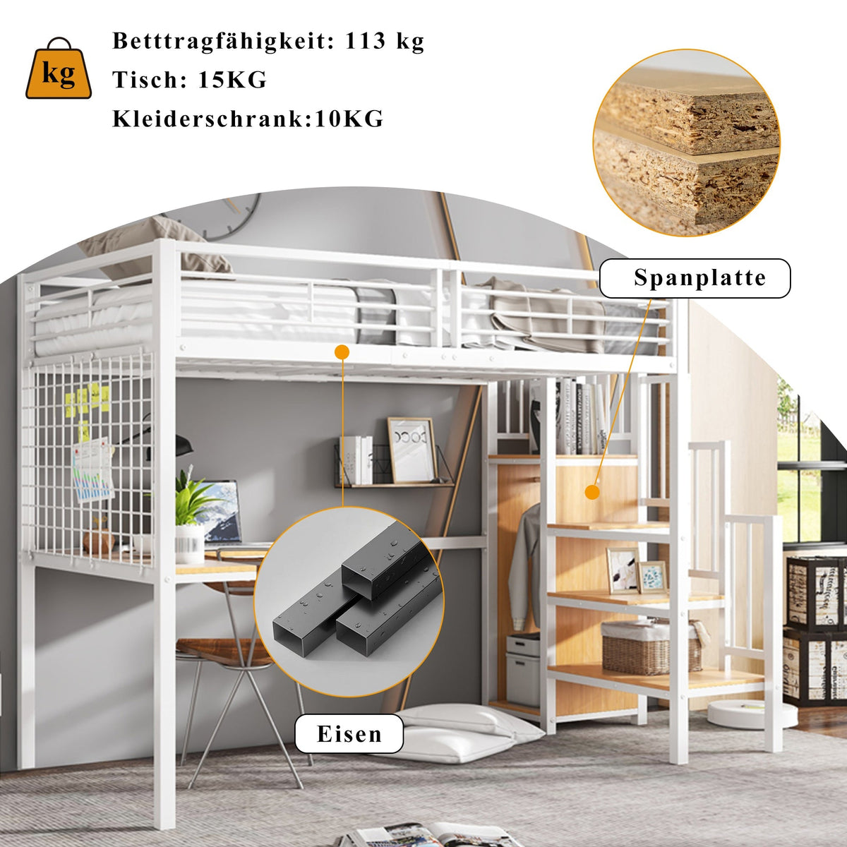 Iron Bed, Bunk/Loft with Table & Wardrobe, White + Natural