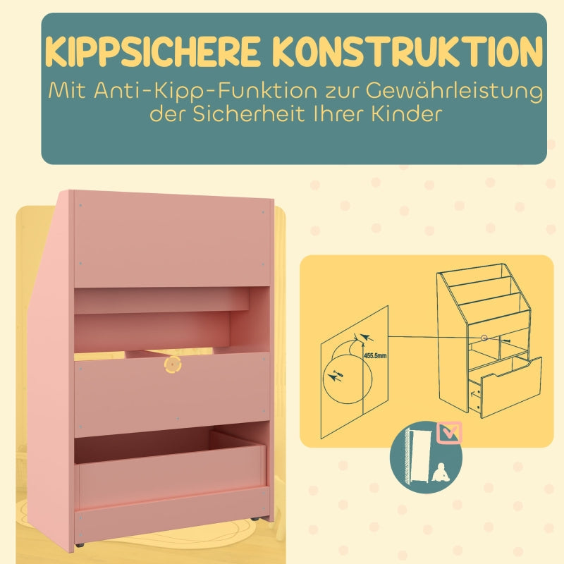Children's Bookcase 3 Shelves 2 Open Compartments with Drawer Storage Shelf Pink