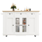 Kitchen Island Cabinet Tempered Glass Worktop Storage - White