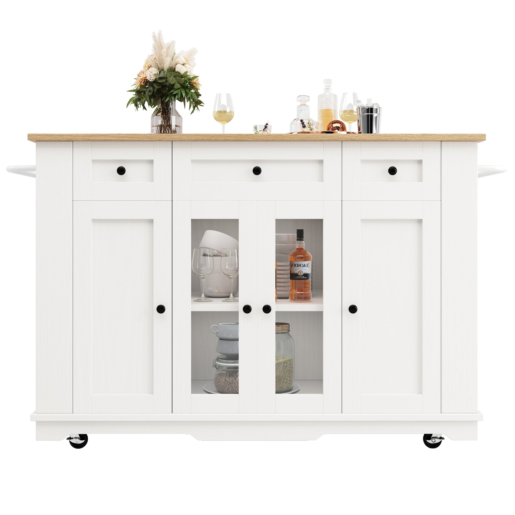 Kitchen Island Cabinet Tempered Glass Worktop Storage - White