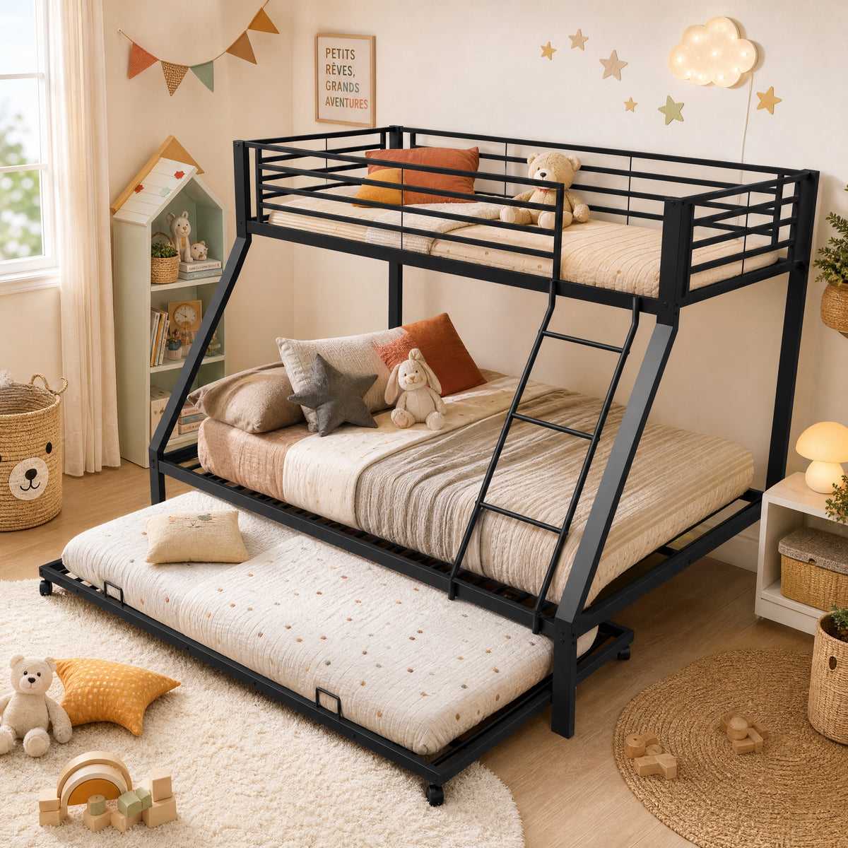 Metal Bunk Bed with Pull-Out Bed, 3 Sleeping Places, Black