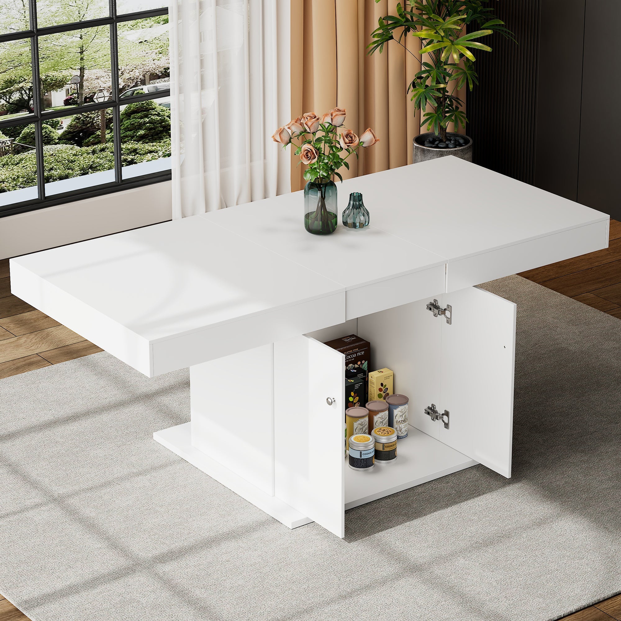 Extendable Dining Table with Storage and Automatic Telescopic Function, White