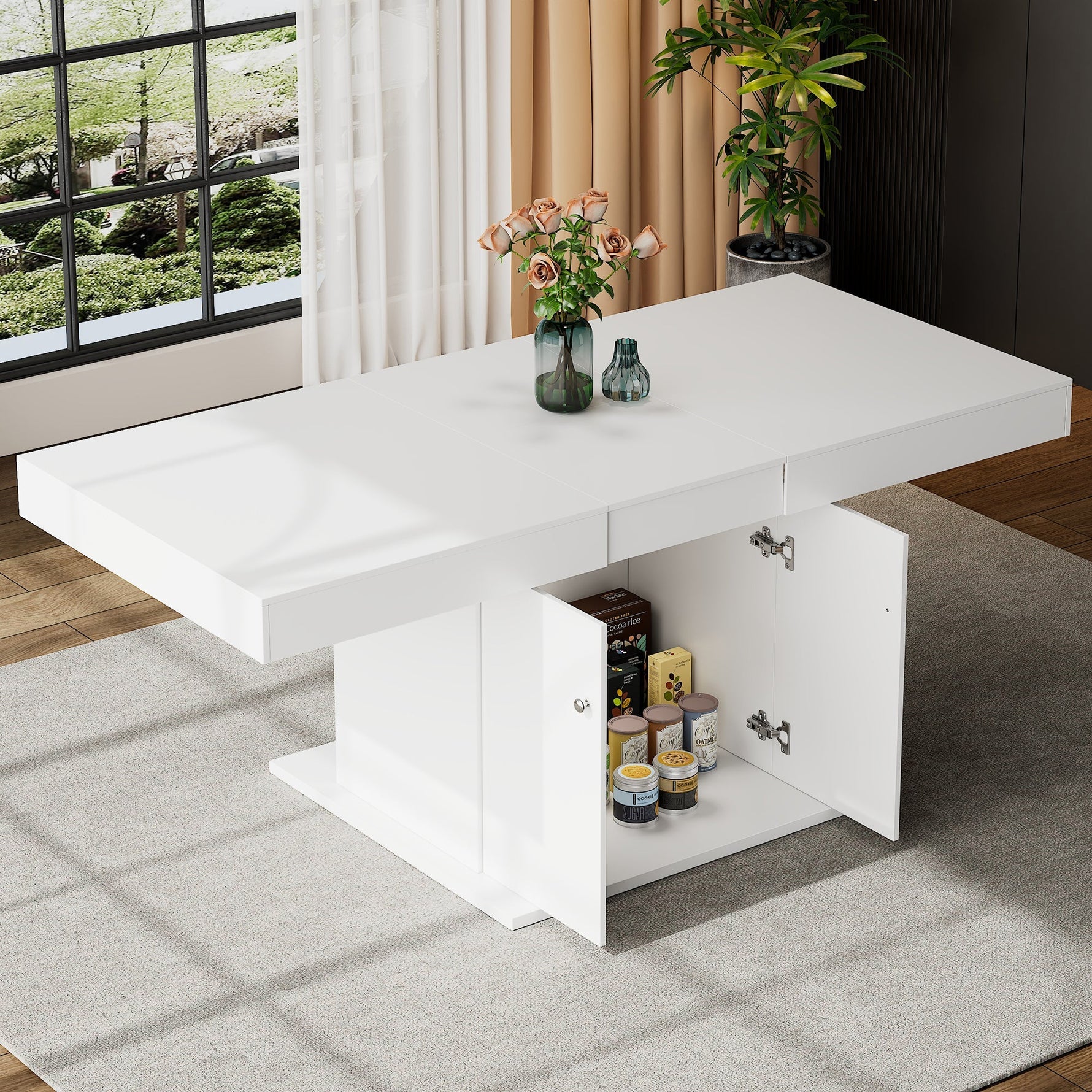Extendable Dining Table with Storage and Automatic Telescopic Function, White