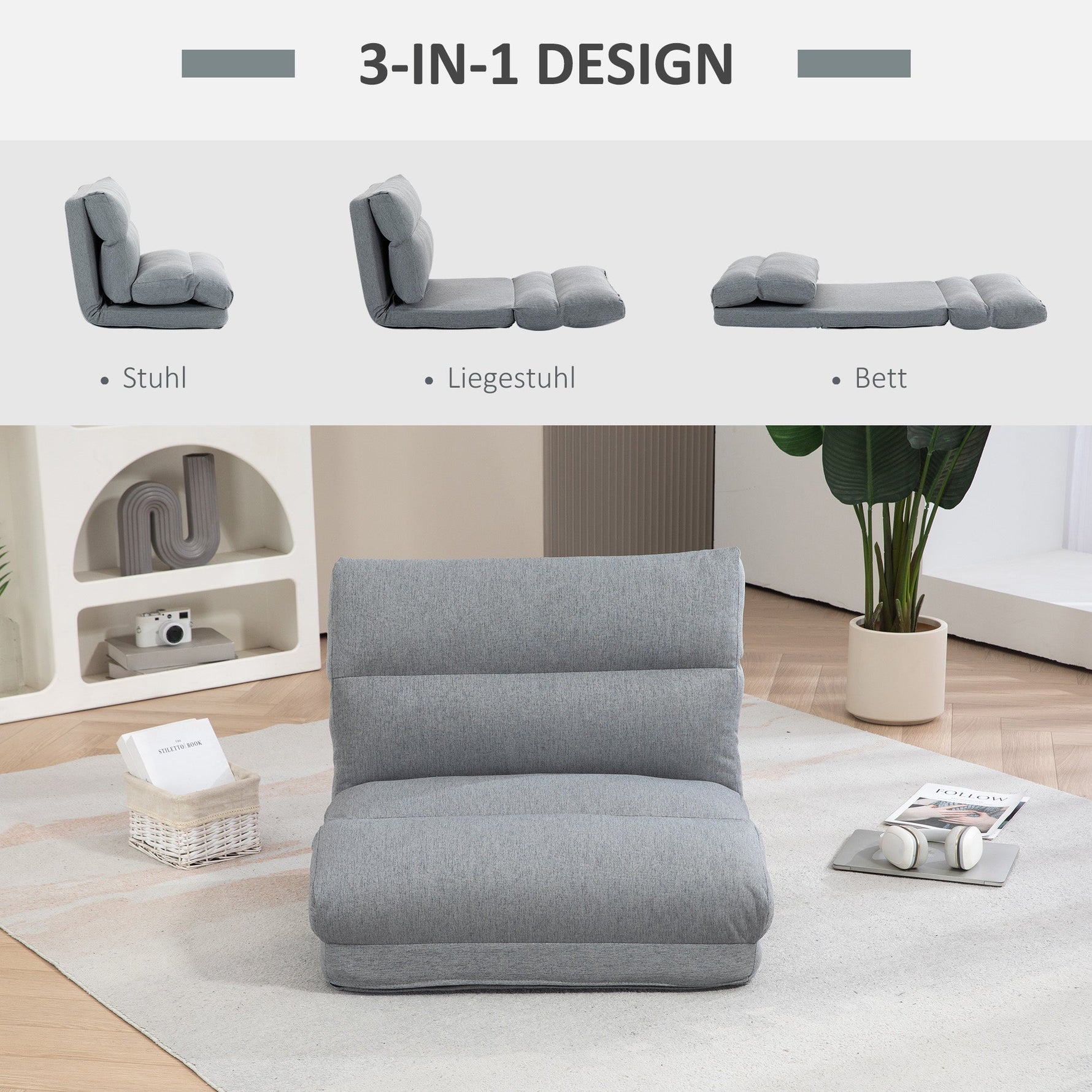 Folding Floor Chair, 6-Position Adjustable Backrest Bed Function Thick Cushion, Linen Look Grey