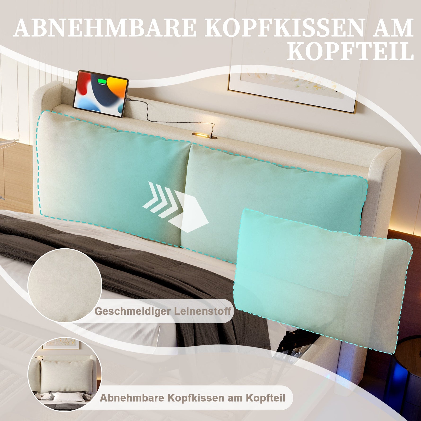 Modern Upholstered Bed with Storage, LED Light, USB-C Ports - 140x200cm