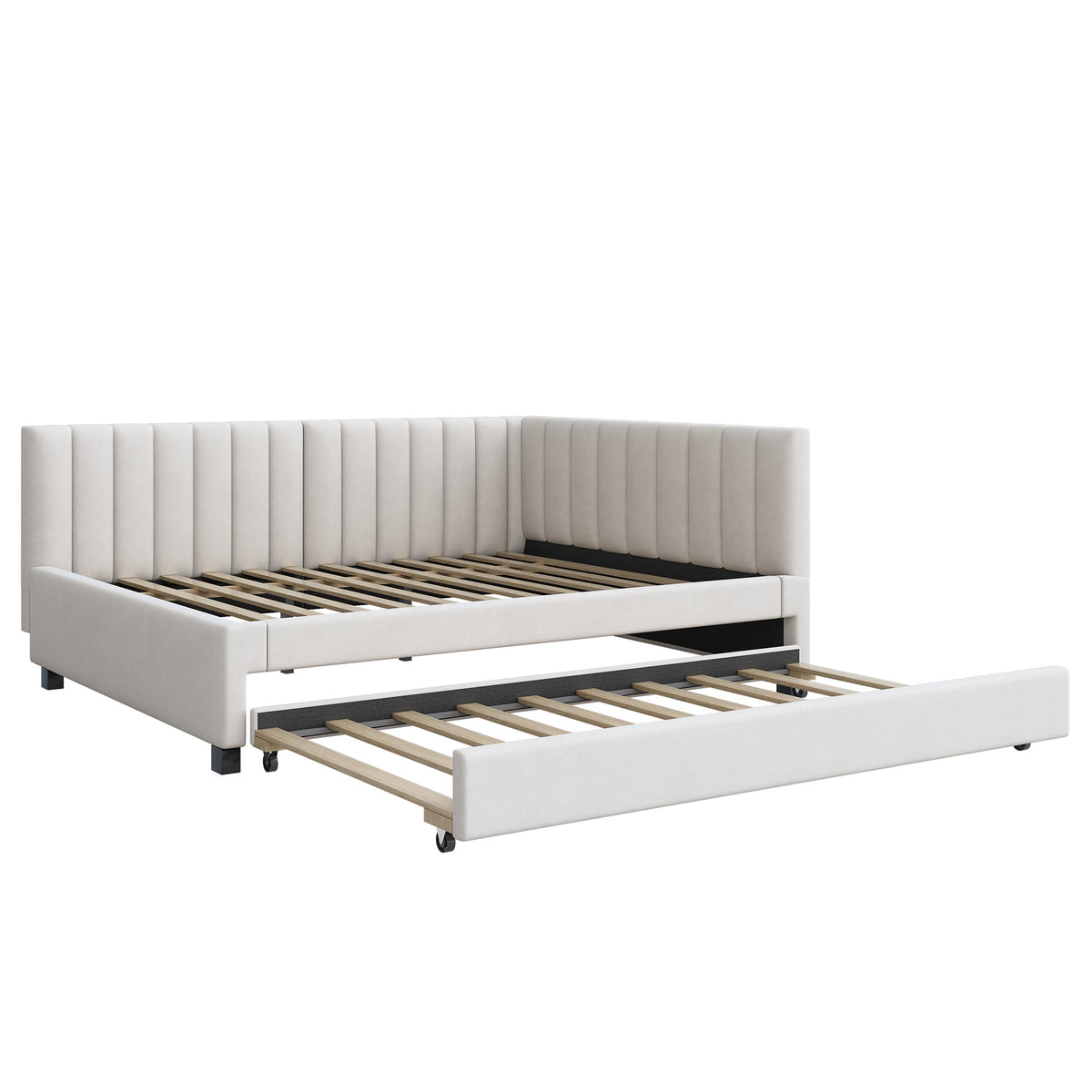 Upholstered Bed 140*200, Pull-Out Sofa Bed with Slatted Frame, Velvet Fabric Beige
