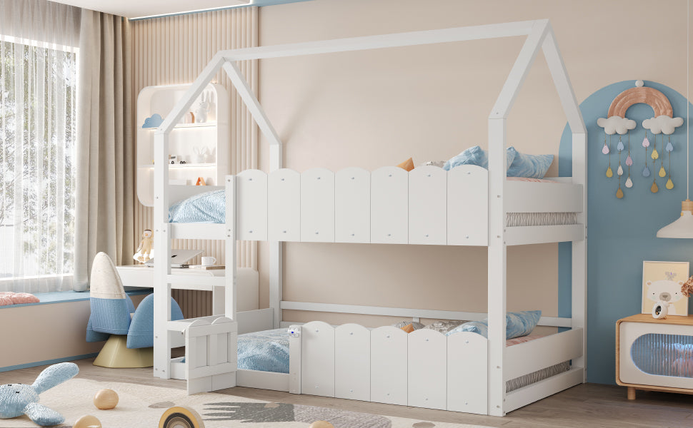Children's Bunk Bed 90x200cm House Design with Safety Rails - White
