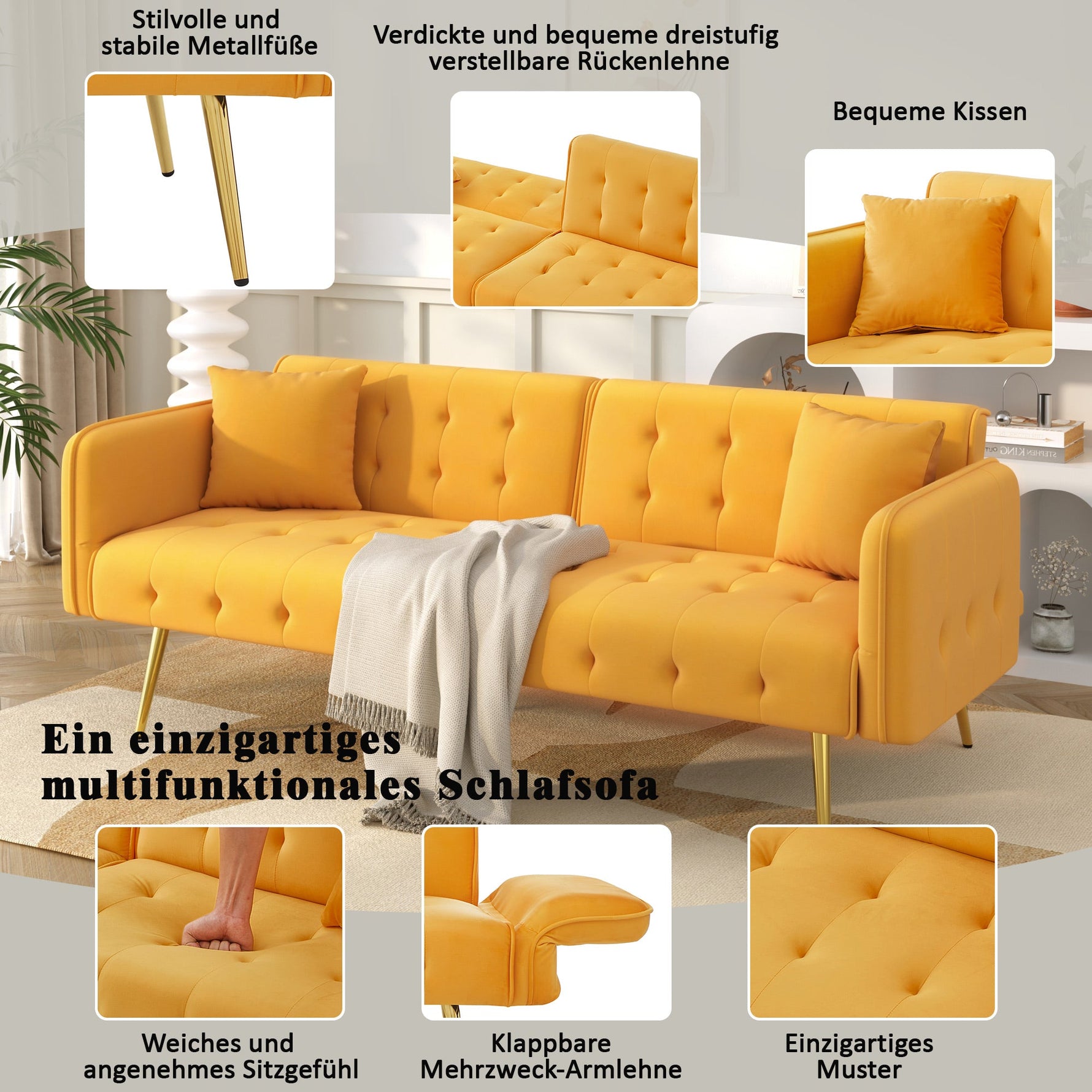 Two-seater Sofa Bed Multifunctional Adjustable Folding Velour Upholstery