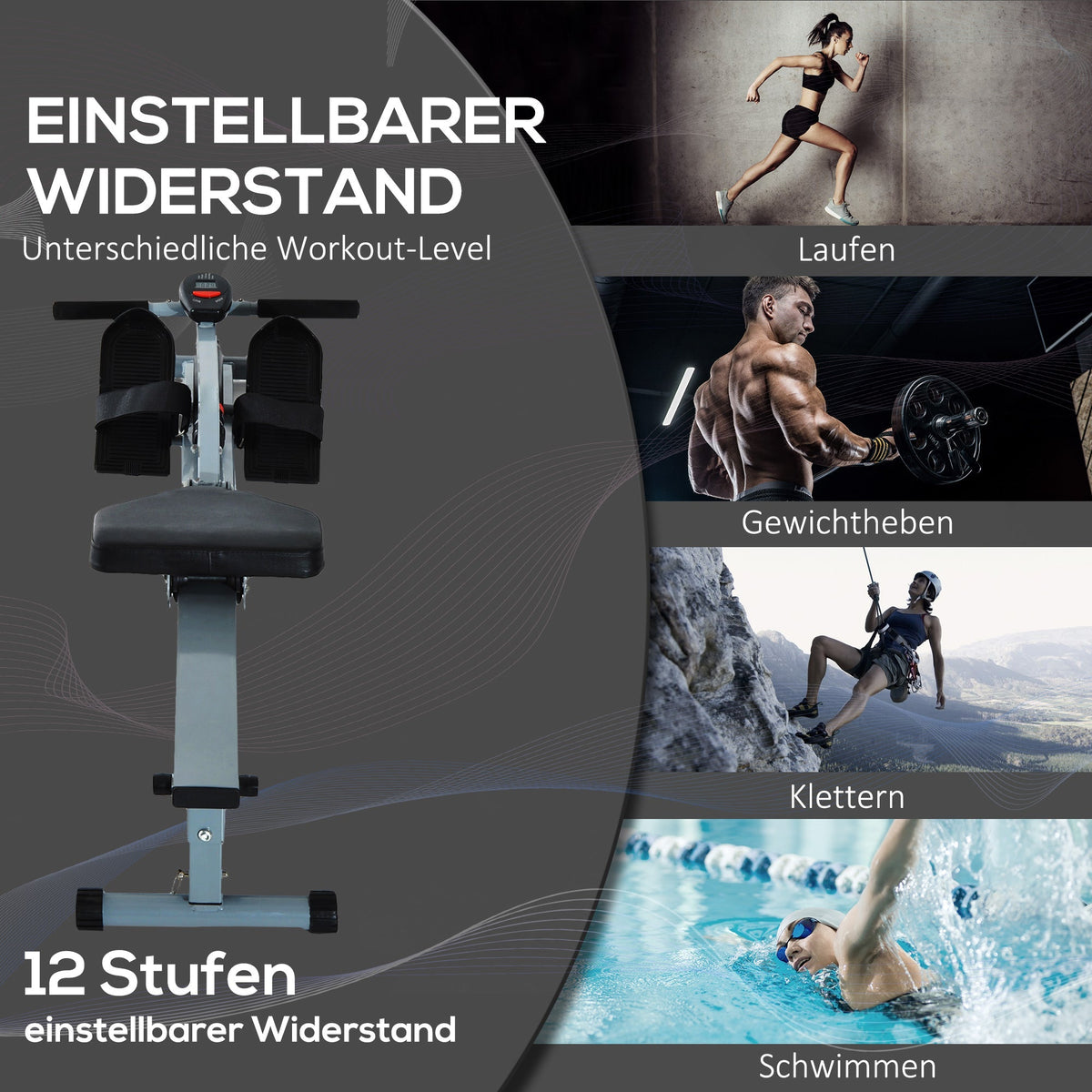 Rowing Machine, LCD Display, Steel+PVC, Gray