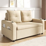 3-in-1 Sleeper Sofa with Pull-Out Bed, Cup Holder, USB Port and Side Pockets, Beige Cotton Linen
