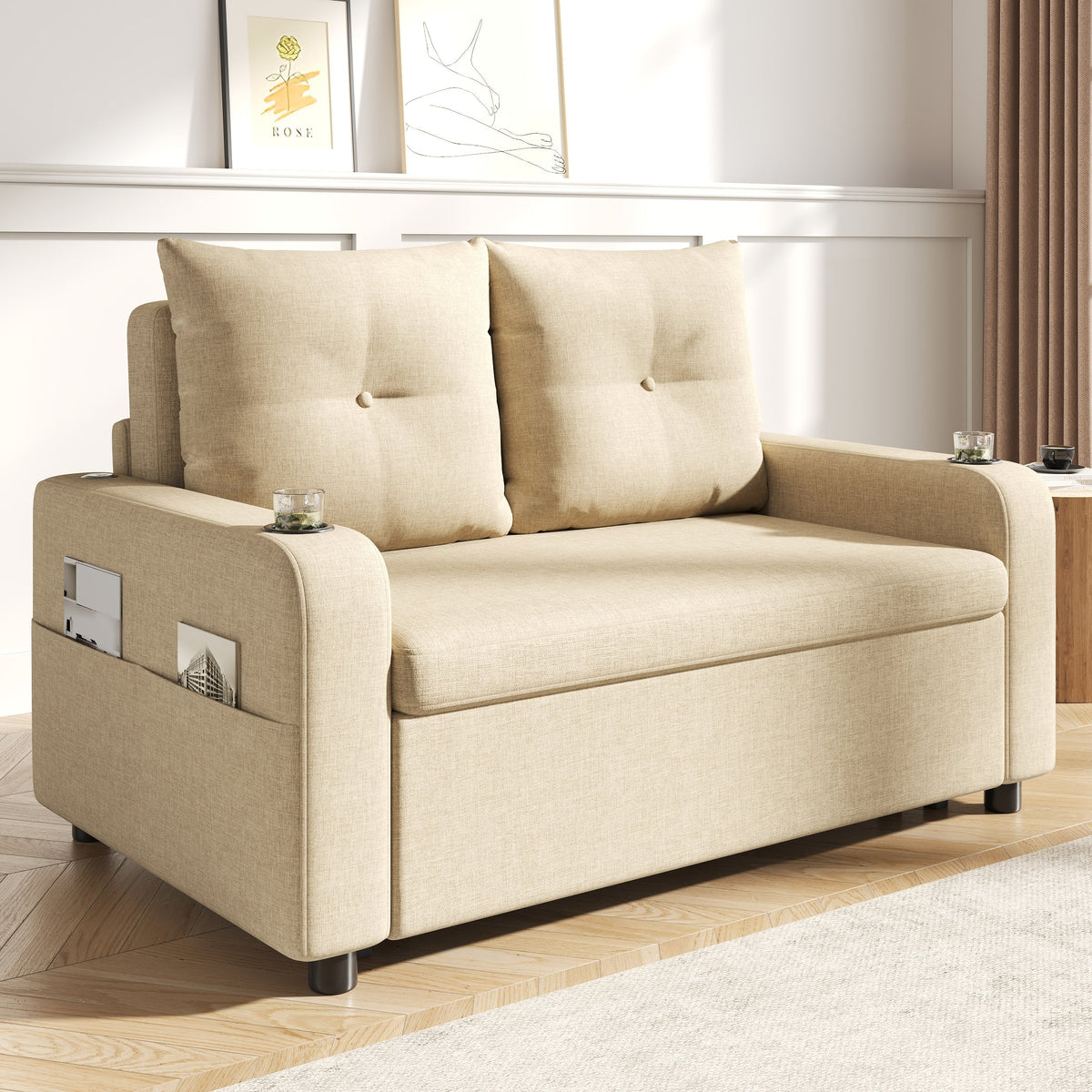 3-in-1 Sleeper Sofa with Pull-Out Bed, Cup Holder, USB Port and Side Pockets, Beige Cotton Linen
