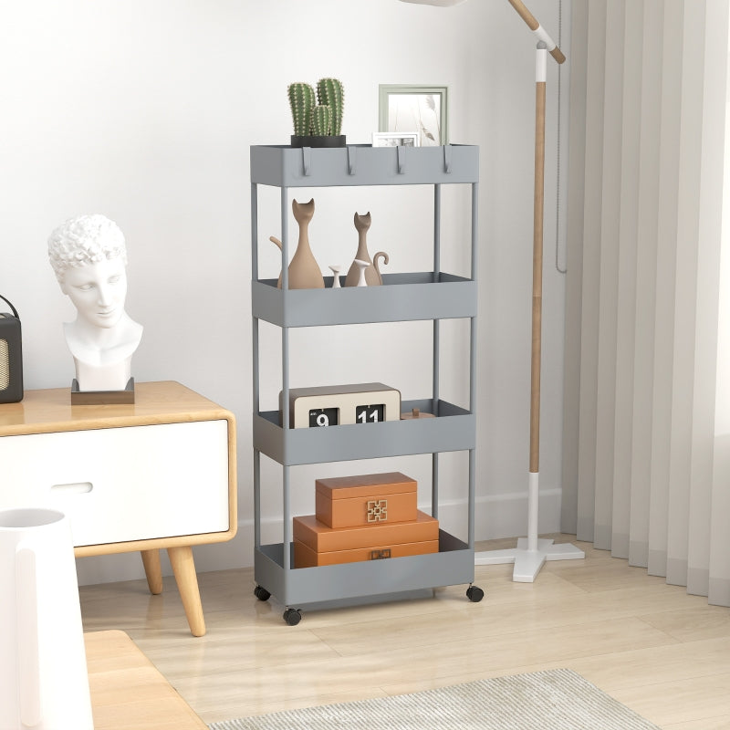 Rolling Cart, 4-Tier Shelf with Wheels and Brakes, Plastic, Gray