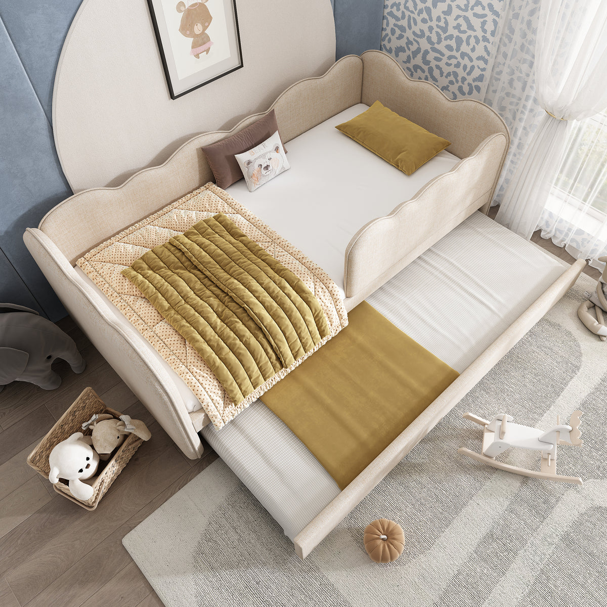 Upholstered Single Bed 90x200cm with LED & Storage, Beige Velvet