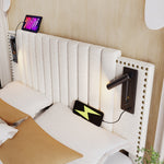 Upholstered Double Bed 180x200 with Storage, Bed Box and USB Reading Light, Beige Cotton