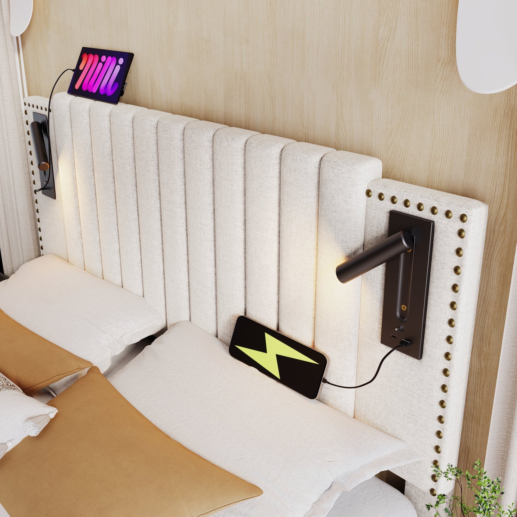 Upholstered Bed, 180x200 Double with Storage, USB Reading Light & Rivet Headboard, Beige Cotton