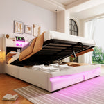 Upholstered Bed 160x200cm Hydraulic Storage Headboard with USB-C & LED Lights Beige