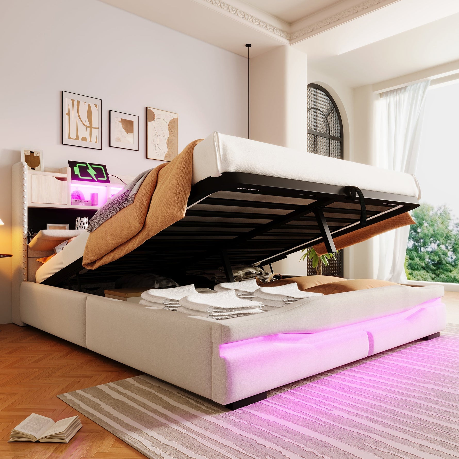 Upholstered Bed 160x200cm Hydraulic Storage Headboard with USB-C & LED Lights Beige