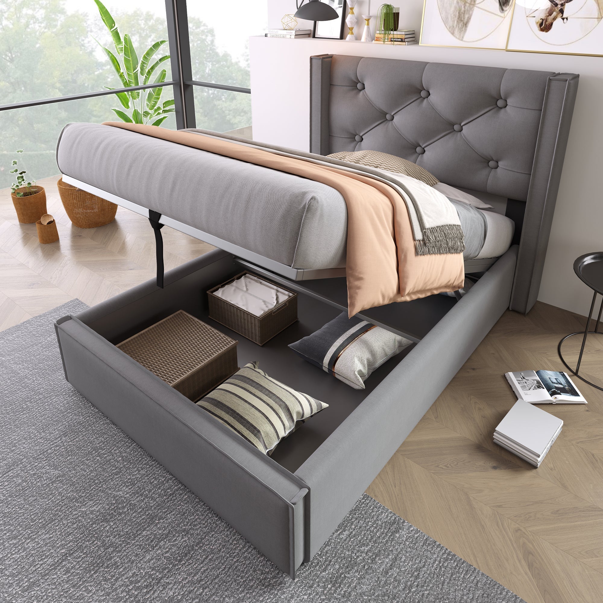 Hydraulic Upholstered Bed, Single 90x200cm with Storage, Grey Cotton