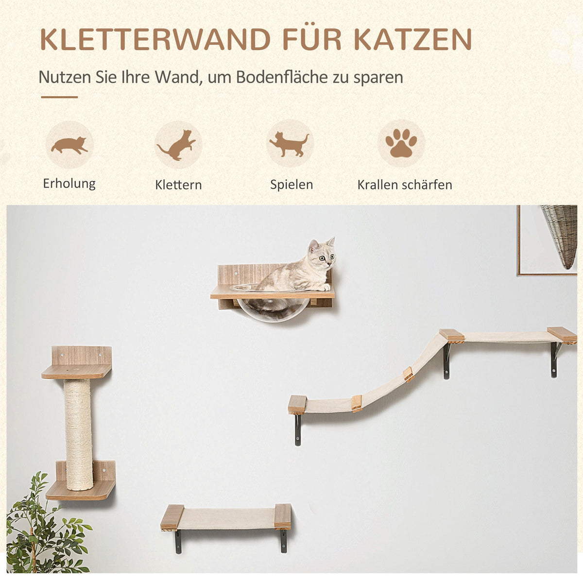 Cat Set with Scratching Post, Stairs & Hammock, Light Brown, Sisal, Acrylic, Pine