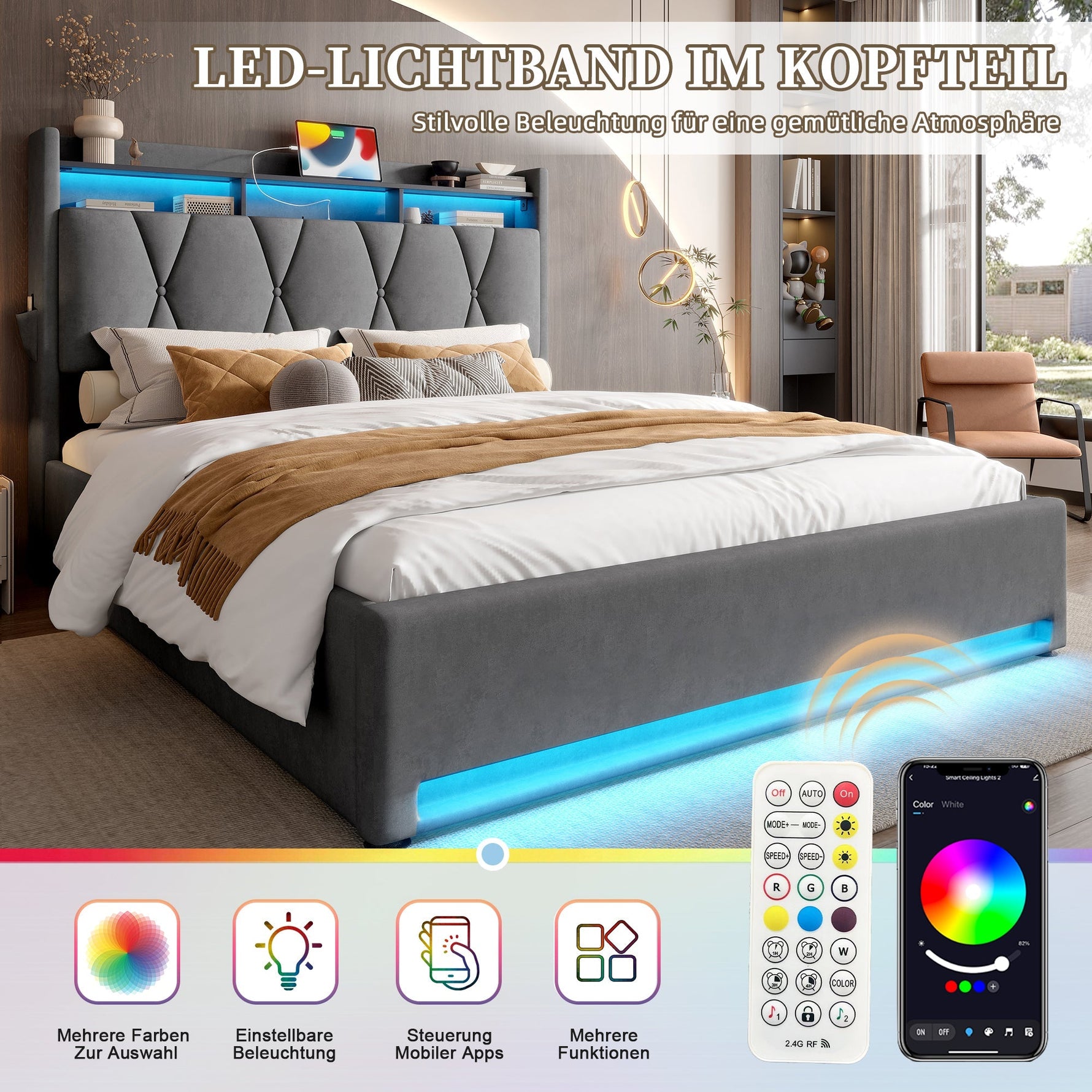 Upholstered Bed Frame 140x200cm, LED, USB-C Charging, Hydraulic Storage Headboard, Grey