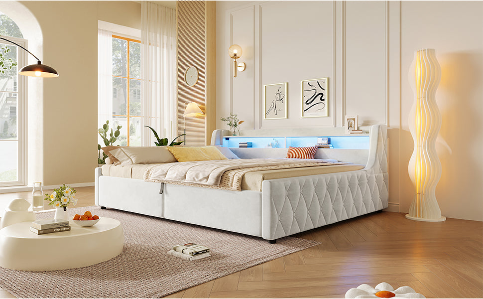 Velvet Platform Bed 140x200 with Hydraulic Storage & LED, Beige