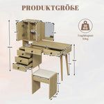 Modern Dressing Table with Retractable Mirror & Stool, Natural Wood