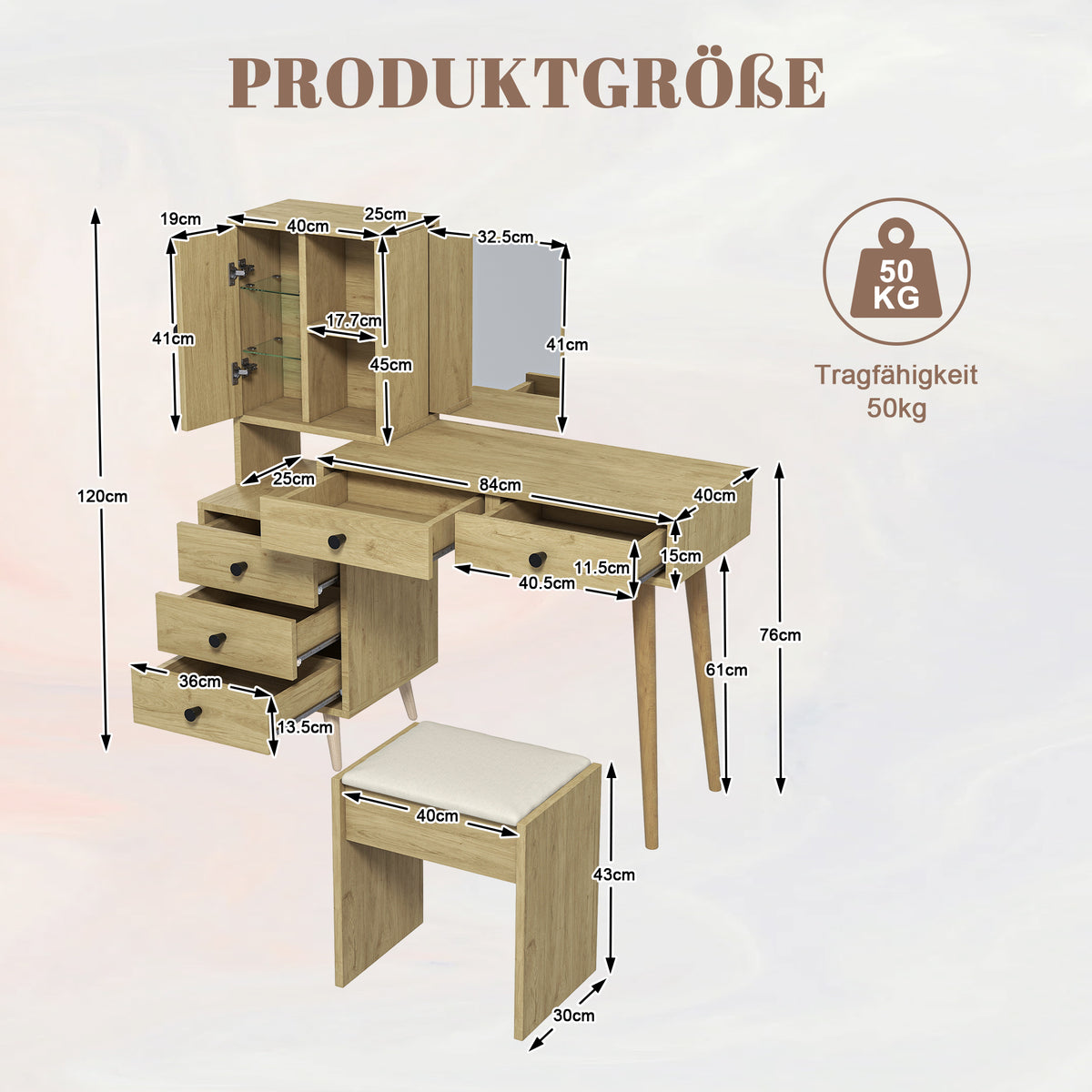 Modern Dressing Table with Retractable Mirror & Stool, Natural Wood