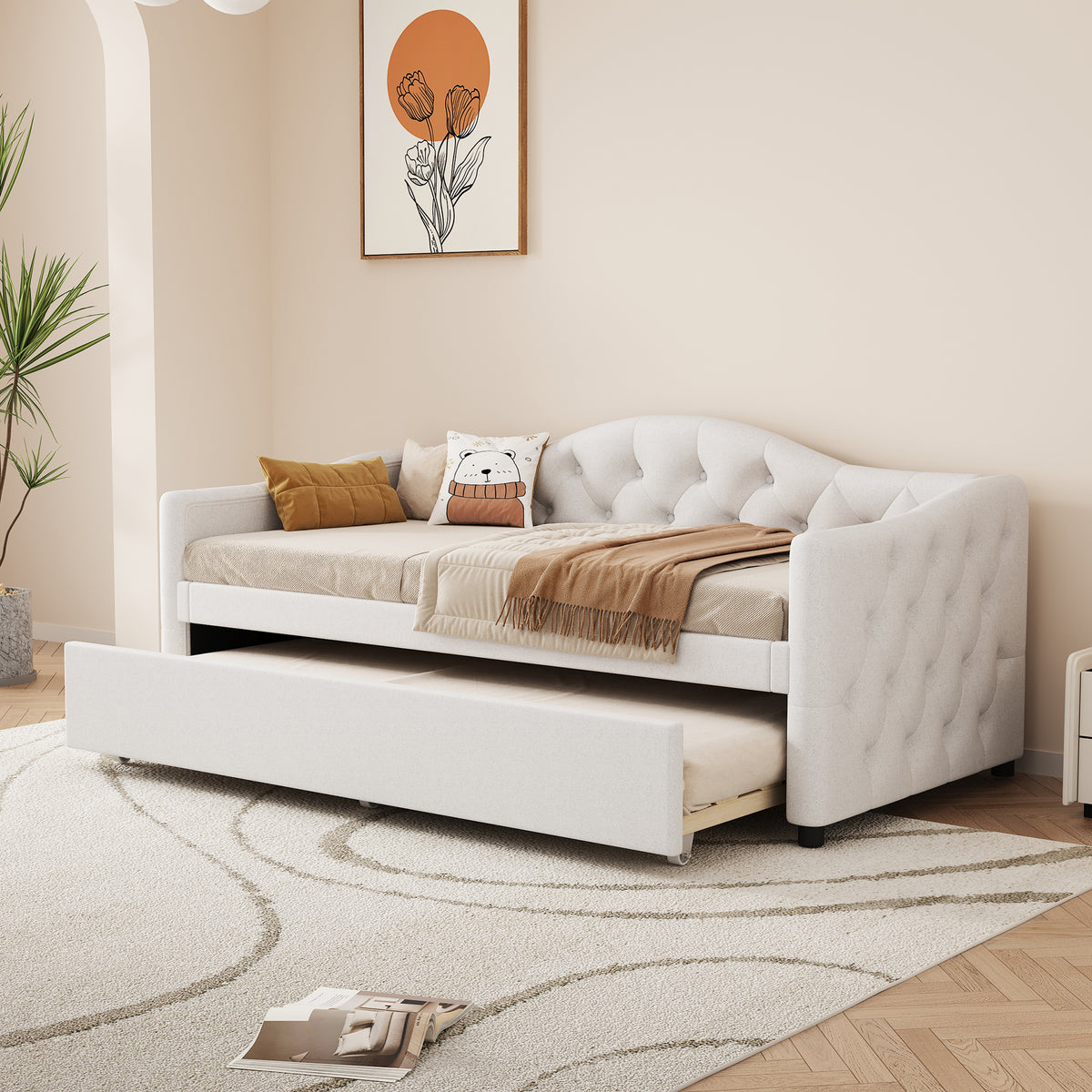 Daybed 90x200cm with Pull-Out Bed, Sofa Bed - Beige Linen