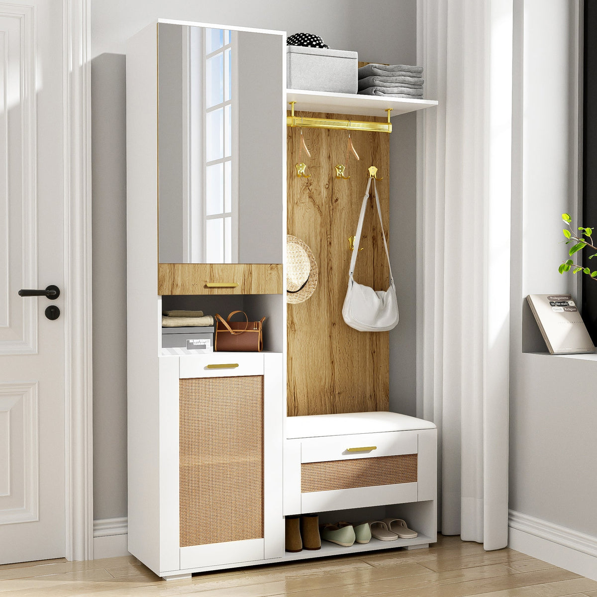 Wardrobe Set | 6-Hook Mirror Shoe Cabinet Bench | 16-Color LED Lighting