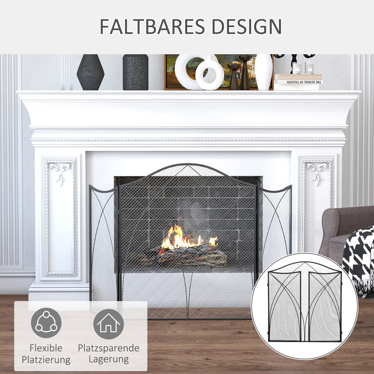 Fireplace Guard, 3-Panel Folding Screen, Metal Black
