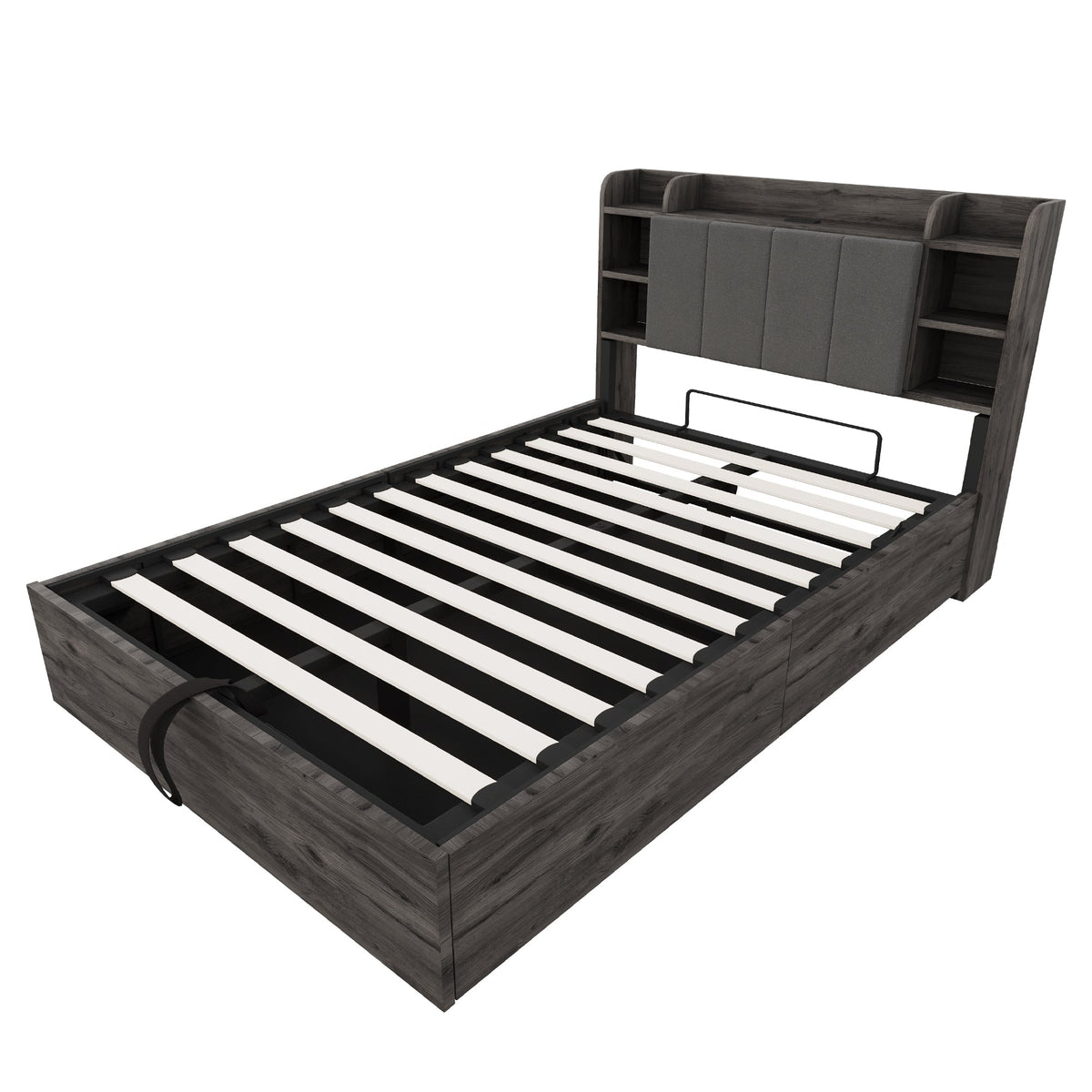 Wooden Bed, 140x200cm Hydraulic with Storage Headboard, USB & Type-C Socket, Grey