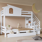 Bunk Bed, Two Drawers, Corner Ladder, Pine + MDF + Plywood, White + Natural