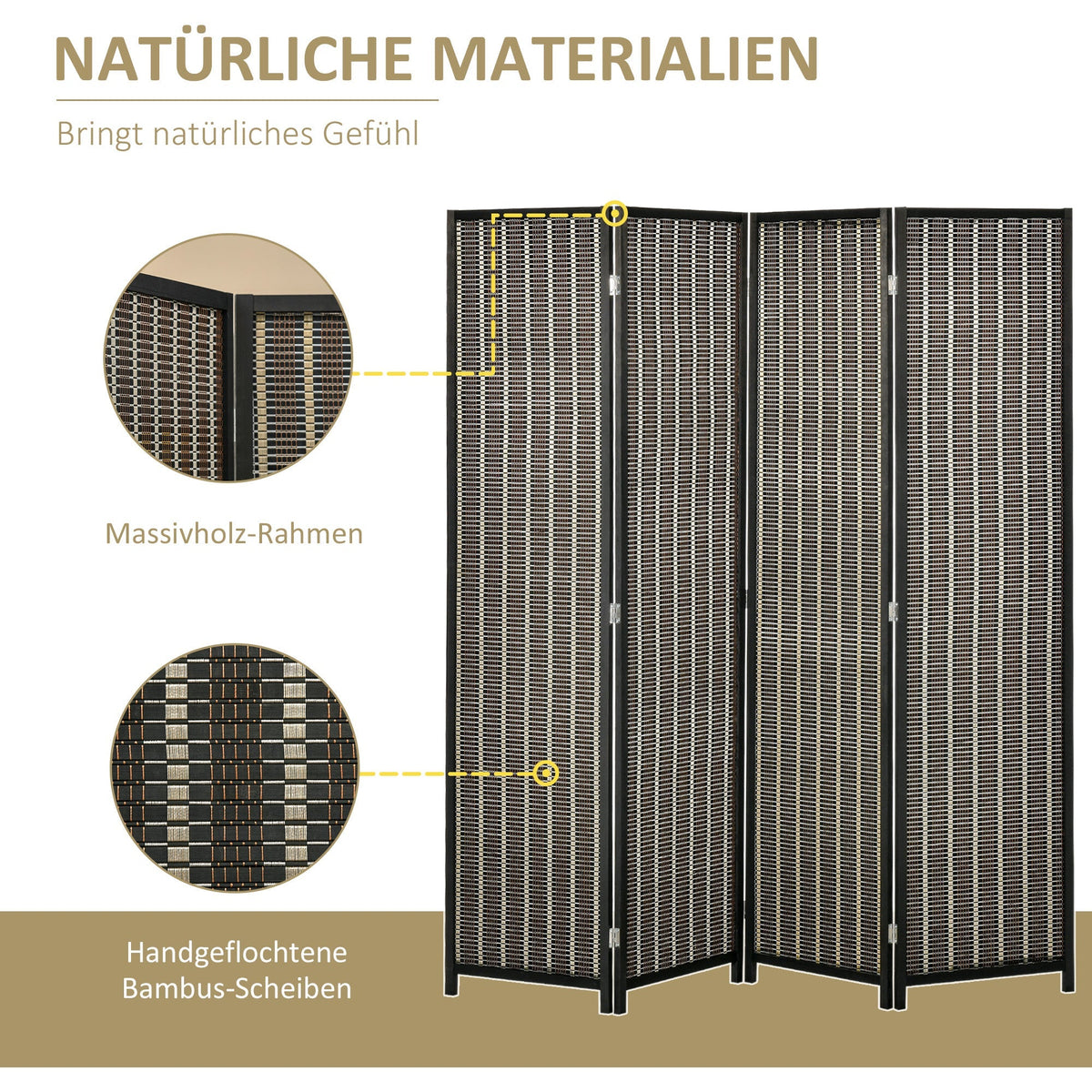 Folding Screen 4-Part, 180 x 180 cm Room Divider, Brown Bamboo