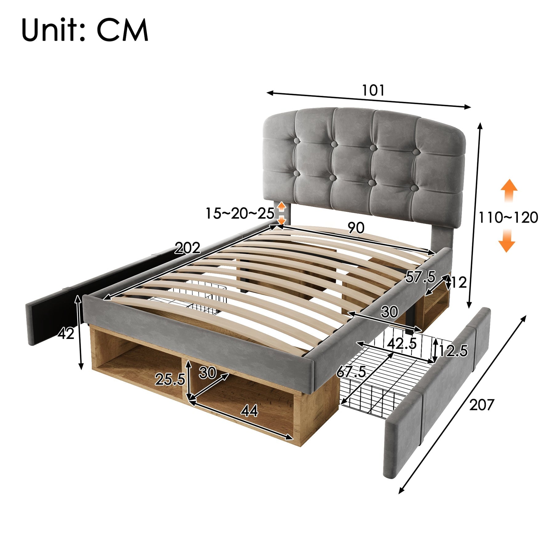 Upholstered Single Bed with Adjustable Headboard, Drawers and Storage, 90x200cm, Grey Velvet
