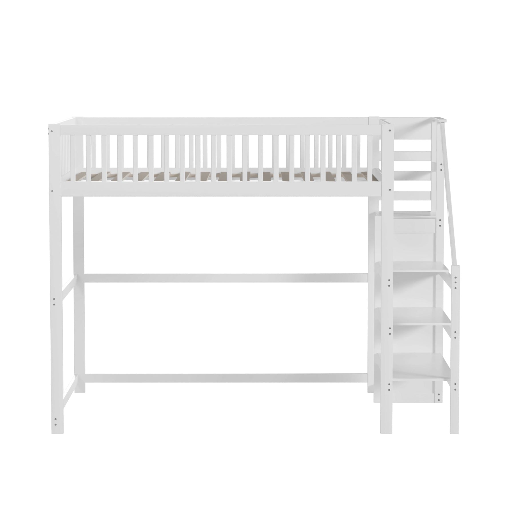 Loft Bed, 140x200 with Stairs, Storage, Wardrobe, White Wood