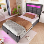 Upholstered Bed with LED Lights, APP Control, Hydraulic Storage and USB Port, Grey Linen