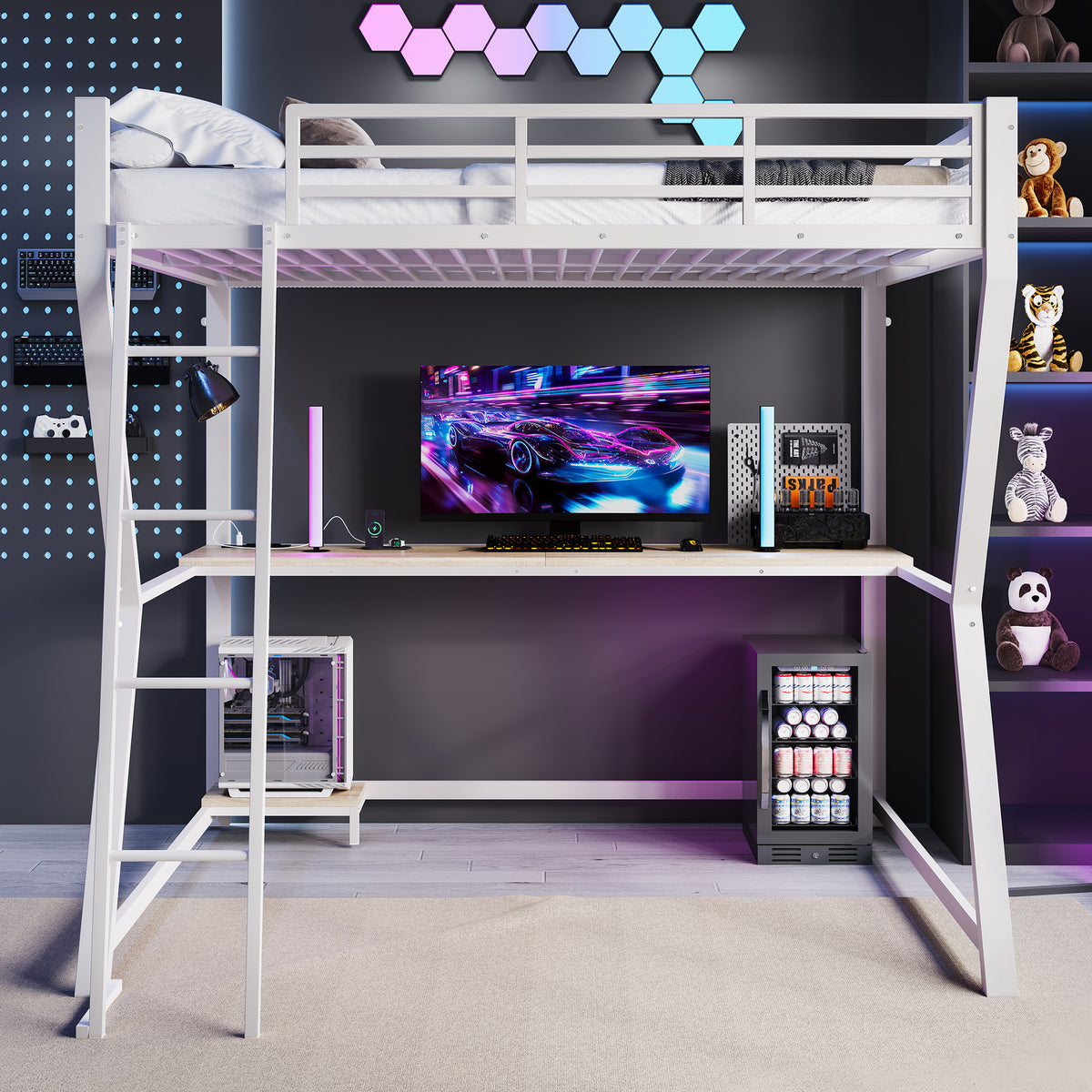 Loft Bed 140x200cm with Desk, LED Lights & USB, White