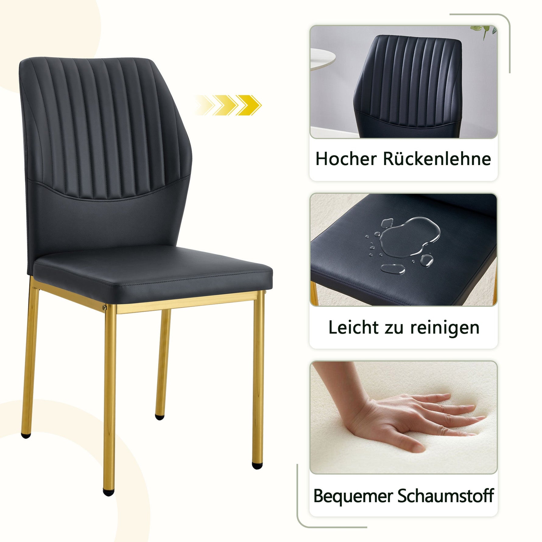 Chic Dining Chairs, Set of 4 with Vertical Embossing and Metal Legs, Black and Gold