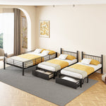Triple Bunk Bed, Drawers, Convertible to Double & Two Single Beds, Metal, Black